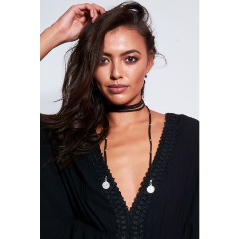 Lovemystyle Black Suede Wrap Choker With Metal Coin Ends