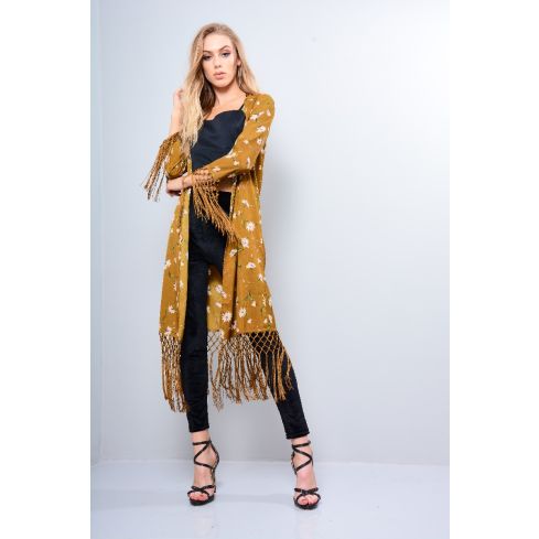 LMS mostaza amarillo Kimono con estampado Floral con borlas dobladillo