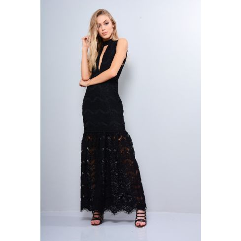 Lovemystyle Crochet Maxi Dress With Choker Collar In Black