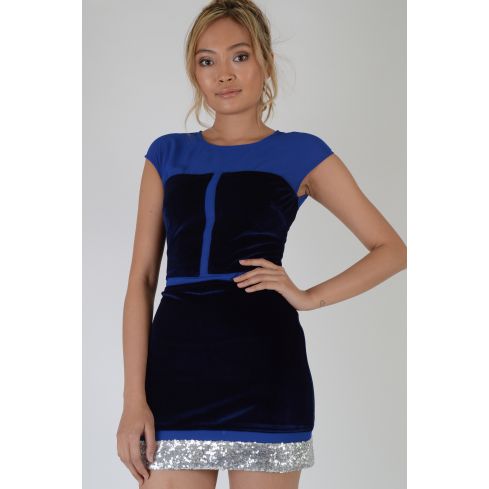 LMS Blue Velvet And Mesh Panelled Dress With Sequin Trim