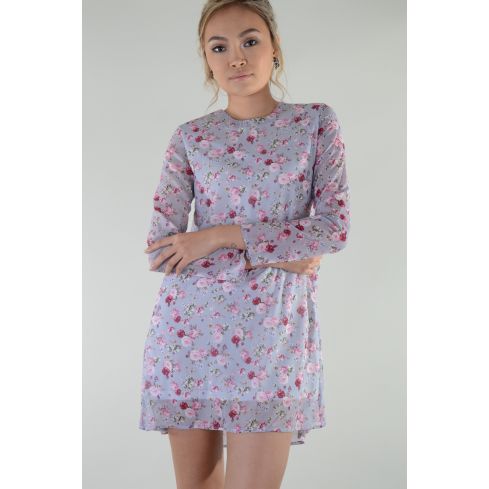 Lovemystyle larga manga vestido lila con recubrimiento de malla Floral