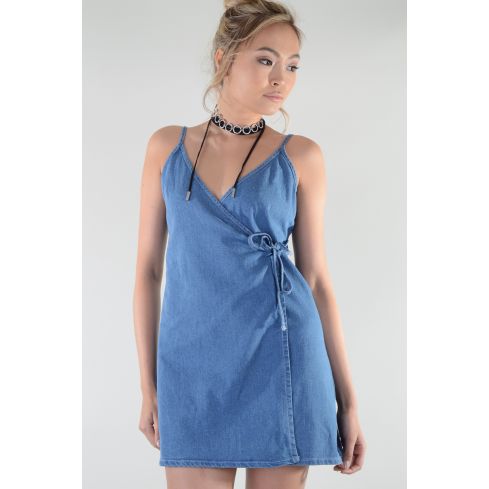 Lovemystyle Short Sleeves Denim Wrap Around Dress