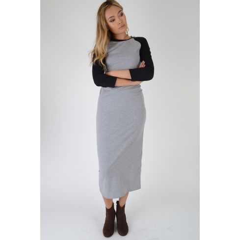 LMS Grey Jersey Midi Dress With Black Sleeves