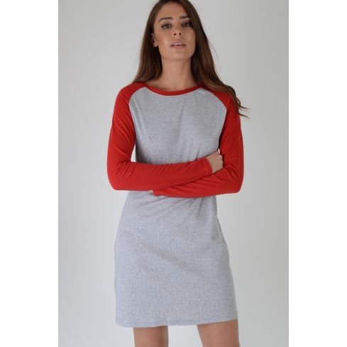 Lovemystyle Long Sleeved Grey T-Shirt Dress With Red Sleeves