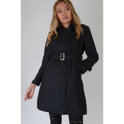 Lovemystyle Woolen Trench Coat In Dark Grey With Belt