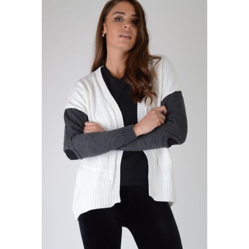 LMS crema Cardigan con mangas contrastantes y cortar codos