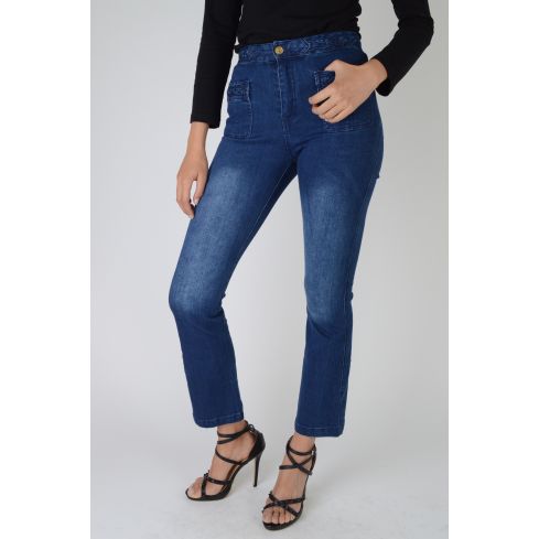 Lovemystyle Navy Blue High Waisted Flared Jeans With Plate Hem - SAMPLE