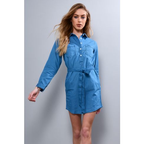 Lovemystyle Denim Shirt Dress With Tie Waist Band