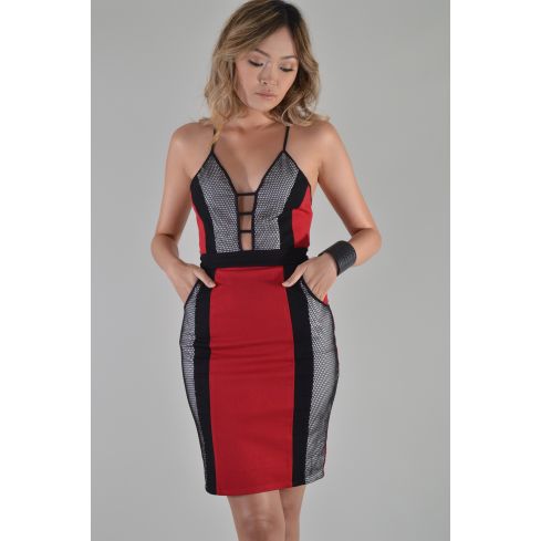 LMS Bandage Plunge Dress In Red With Monochrome Mesh