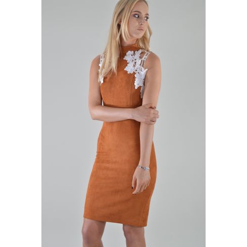 Lovemystyle Brown Suede Dress With White Flower Detail