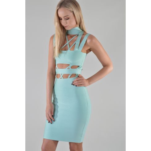 LMS Strappy Bandage Mint blauwe jurk met Choker hals