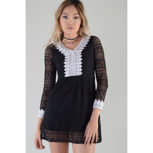 LMS Long Sleeve Crochet A-Line Dress In Black And White