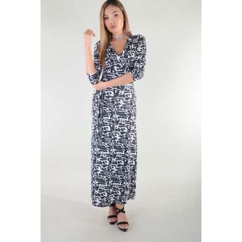 LMS abstracte Print lange mouw Maxi jurk met stropdas riem