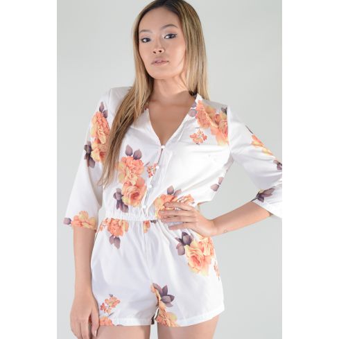 Lovemystyle White Floral Playsuit With Button Front
