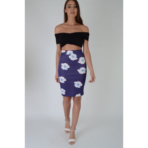 Lovemystyle Purple Bodycon Midi Skirt With Floral Print
