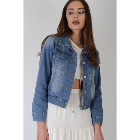 Lovemystyle Licht Acid Wash beschnitten Jeansjacke