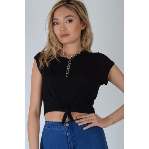 Lovemystyle Black T-Shirt Crop Top With Front Tie