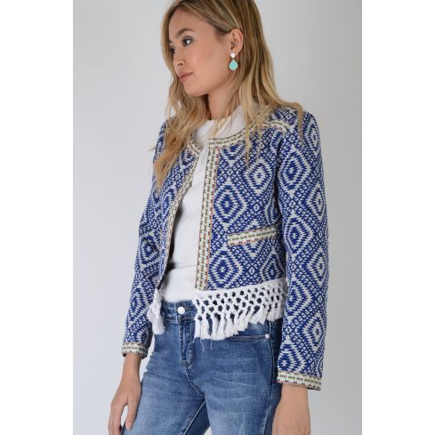 Lovemystyle azul y blanco Azteca impresión chaqueta dobladillo floqueada