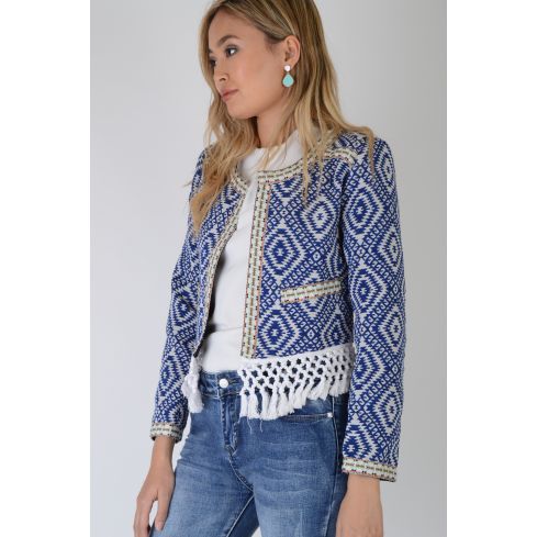 Lovemystyle Blue And White Aztec Print Jacket With Tasselled Hem