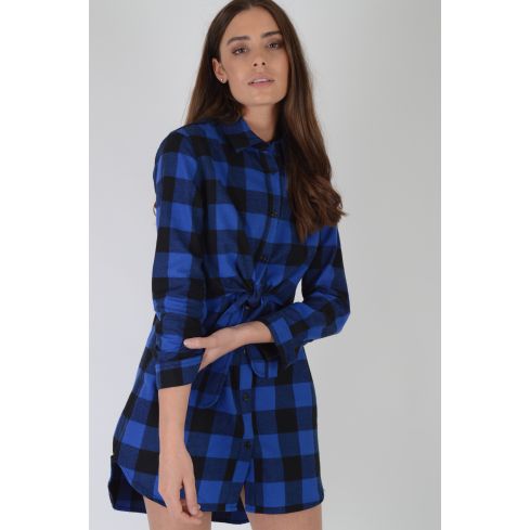 Lovemystyle bleu et noir vérifié robe chemise avec cravate ceinture