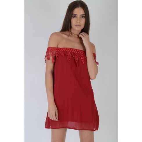 Lovemystyle Carmen-Ausschnitt rot Chiffon kurzen Kleid mit Spitze