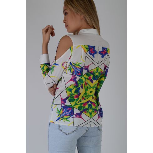 LMS White Cold Shoulder Silk Shirt With Colourful Geometric Print