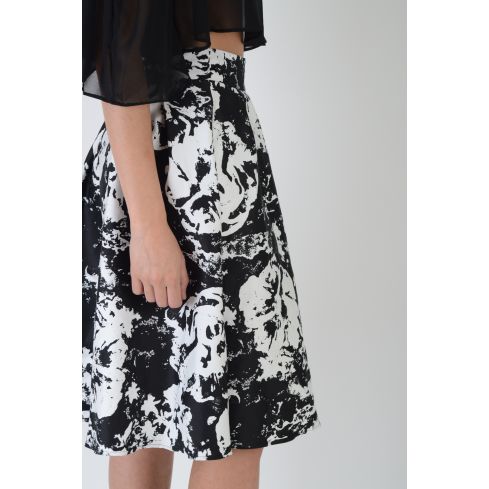 Lovemystyle Black Full Midi Skirt With White Floral Print