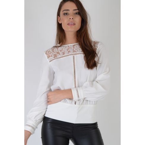 Lovemystyle White Chiffon Long Sleeved Top With Lace Detail Inserts