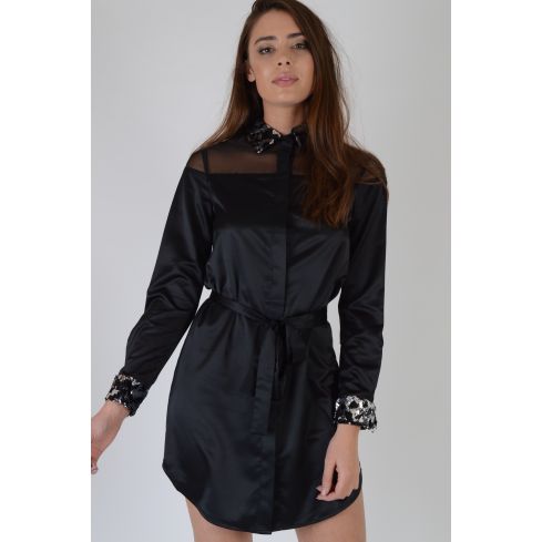 Lovemystyle svart silkesskjorta klänning med paljetter och Mesh detalj