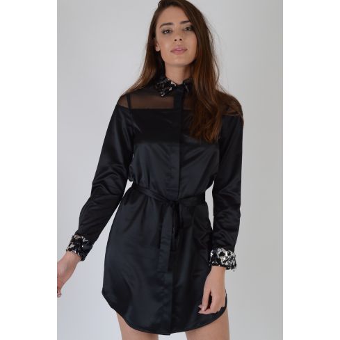 Robe chemise de soie Lovemystyle noir avec paillettes et détail de maille