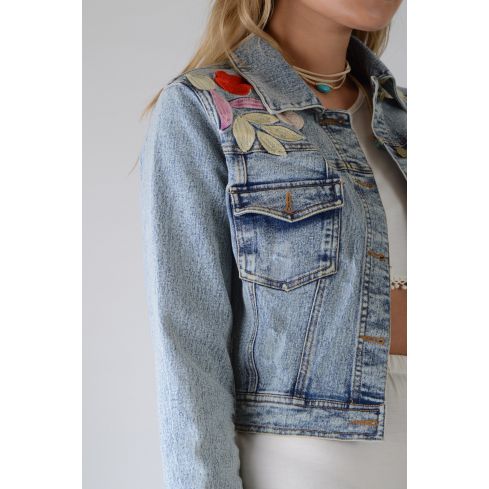 Lovemystyle Cropped Denim Jacket With Embroidery Floral Patchwork