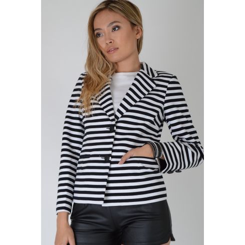 Lovemystyle Black And White Striped Blazer Jacket With Button