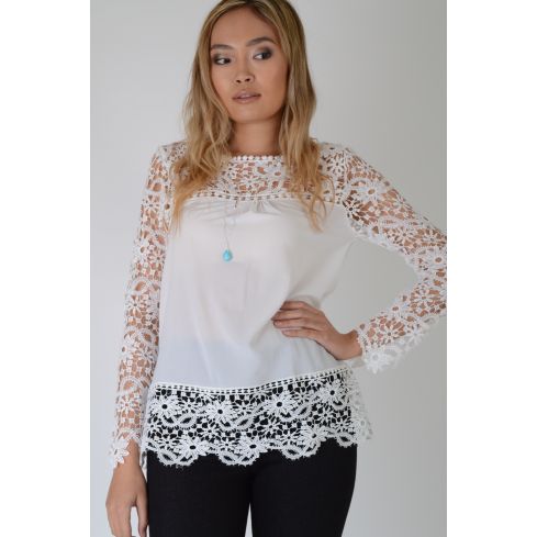 Lovemystyle bianco Top trasparente con maniche lunghe di pizzo